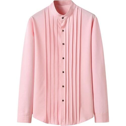 Pink Mens Mandarin Collar Folds Luxury Dress Shirt 2020 Autumn New Regular Fit Long Sleeve Business Party Dance Prom Chemise
