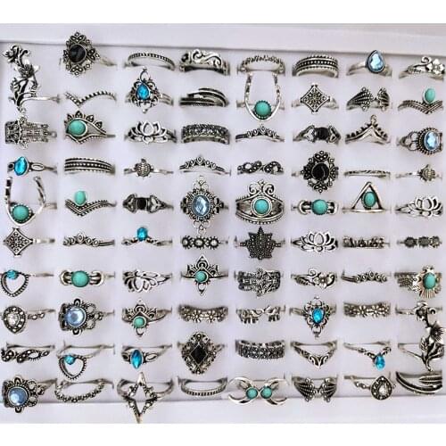 50pcs Vintage Women Retro Silver Finger Rings Bohemia Popular Flower Lucky Ring Girls Accessories Party Gift 2021 Hot Sale