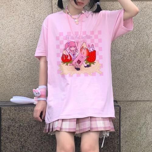 Japanese Cartoon Magical Girl Cute Anime Streetwear Women Clothes Top Summer Casual Loose Vintage Pink kawaii Sweet Girl T-Shirt