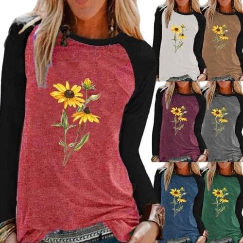 New Spring Autumn Fashion Women Flowers Printing Round Neck Pullover Top Loose Shirt Plus Size Graphic T-shirt Women Blouse