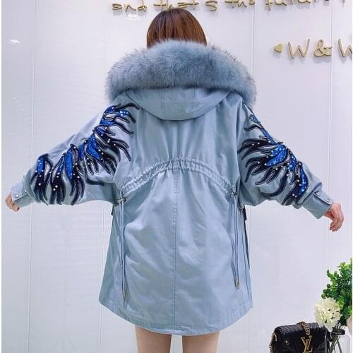 2020 Natural fox Fur collar fur winter jacket women outwear warm thick parka Rivet wings rabbit fur liner lining coat hooded
