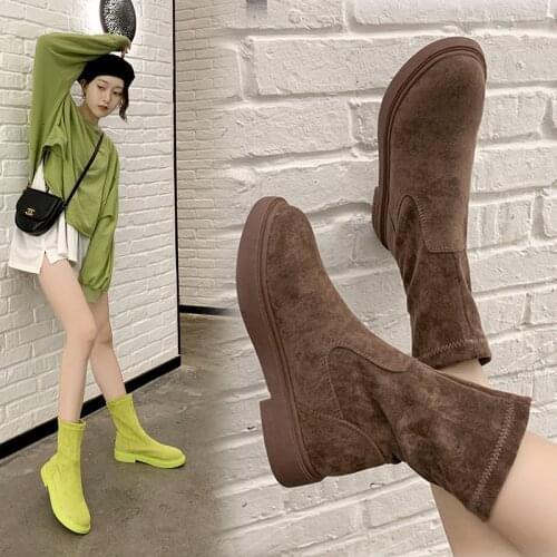 Womens Ankle Boots Korean Round Suede Thick-soled Stretch Short Boots