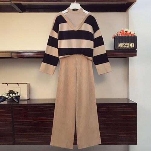 Two Piece Set Autumn Winter Knitted Women Sets Sexy Stripe Print Long Sleeve Pullover Sweater And Pants Sets Tracksuits Clothing