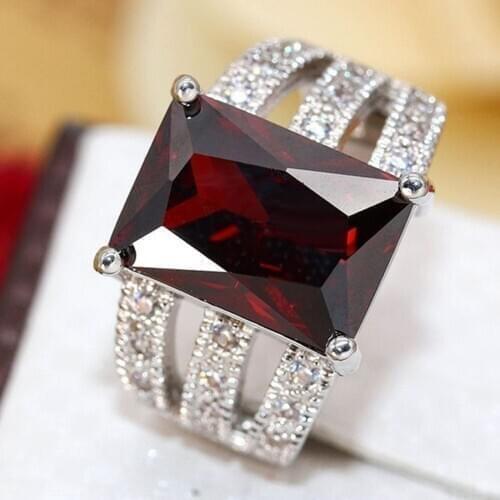 Women Vintage Red Rhinestone Square Wedding Engagement Finger Ring Men Jewelry