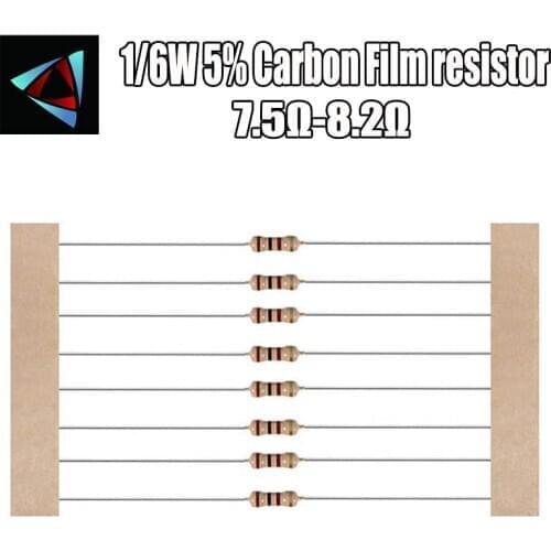 100pcs 1/6W 5% Carbon Film Resistor 7.5R 8.2 9.1 10 11 12 15 18 20 22 24 27 30 33 36 39 43 47 51 56 62 68 75 82 ohm