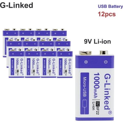 12PCS 9V 1000mAh Li-ion Rechargeable battery Micro USB Batteries 9v lithium for Multimeter Microphone Toy Remote Control KTV use