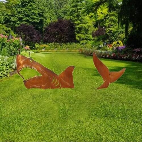2D Shark Figure Yard Stake Decorative Ground Decor for Garden Marine Organism Metal Statue Peg Shark Jumping out of Lawn E7