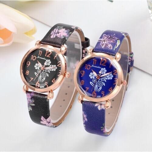 Girl Luxury Watch Women New Fashion Embossed Flowers Small Fresh Printed Belt Dial Watches Female Student Quartz Clocks relogio