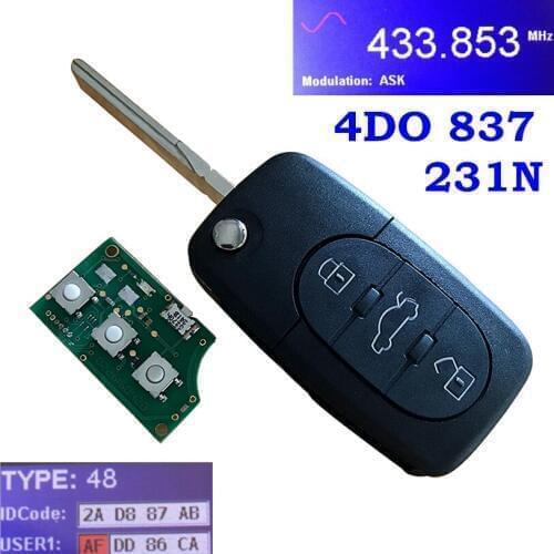 FOR AUDI A3 A6 A8 TT Allroad Quttro NEW 3 BUTTON FLIP KEY REMOTE FOB 433.92MHZ ID48 CHIP 4D0 837 231 N