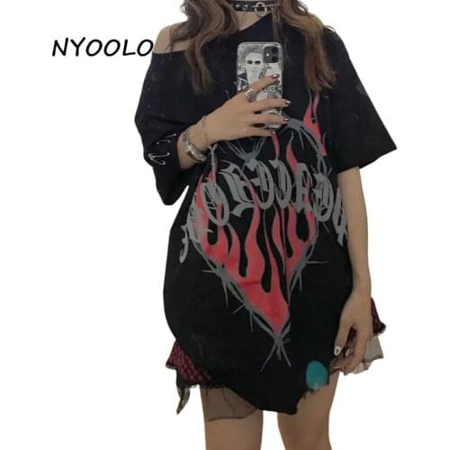 NYOOLO Harajuku Hip Hop Streetwear Flame Heart Letters Print Short Sleeve Goth T-Shirt Women Men Summer Punk Y2K Black Tops Tee