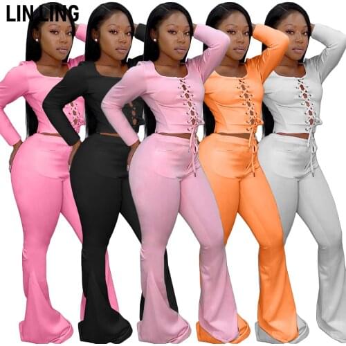 LINLING Womens Home Leisure Slim Long Sleeve Tie Flared Pants Two Piece Set Outfits for Women Gsuwoo