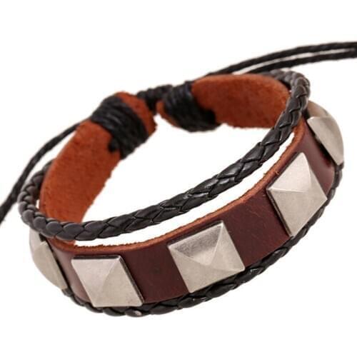 Fashion Punk Alloy Beads Charm Wrap Bracelet Brown Genuine Leather Retro Bangle Casual Braided Wristbands Vintage Unisex Jewelry