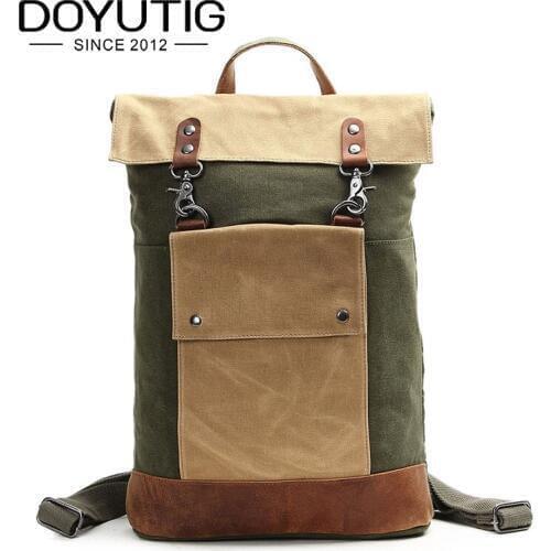 Hot Sale Men Real Crazy Horse Leather Canvas Backpack Boy Vintage Thick Canvas School Backpack Shoulder Bag Casual Rucksack H017