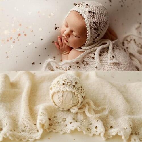 Dvotinst Newborn Baby Photography Props Blingbling Stars Starry Backdrops Soft Knitted Wraps Hats Background Blanket Photo Props