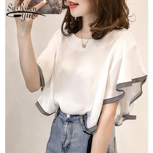 New Summer Short Butterfly Sleeve Chiffon Shirt Top Female Fairy shirt Plus Szie M-4XL Loose Super Short Woman Blouse 9317 50