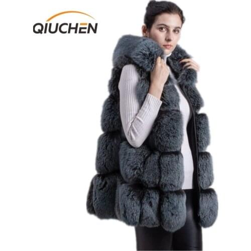 QIUCHEN PJ8094 2021 New arrival Free Shipping Real Fox Fur Long Vest Gilet With Hood Winter High Quality Women Fashion Coat