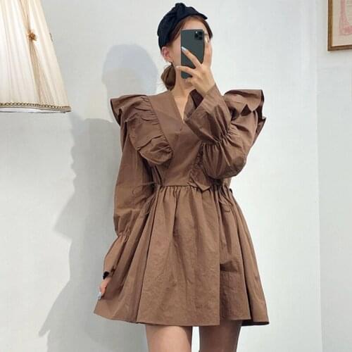 New Women Sweet V-Neck Flare Sleeve Dresses Female Korea Style Ruffles Ladies Shirt Dress