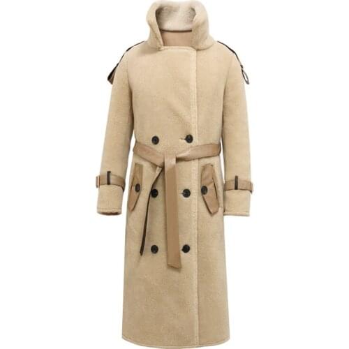 Women autumn winter double-faced faux sheep cashmere fur stand collar long sleeve with belt midi long warm abrigos coat casacos