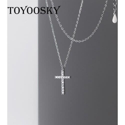 100% 925 Sterling Silver Cubic Zirconia Cross Pendant Adjustable Chain Necklace 45cm for Women Lady Charm Fine Jewelry Gifts