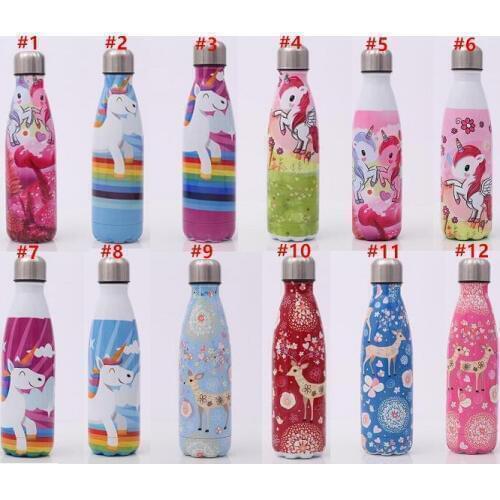 Quevin10pcs 500ml 17oz unicorn Cola Shaped water bottle Insulated Travel Bottle Double Walled Stainless Steel coke Sport bottle