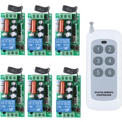 RF AC 220V 1000W One 6-buttons Transmitter 6X 1 Channel Relays Smart Wireless Remote Control Light Switch