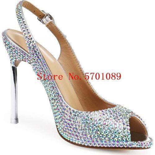 Multi-color Rhinestone Sandals Stiletto Heel 10cm Peep Toe Buckle Crystal Shoes Slingbacks Wedding Sandals 35-41