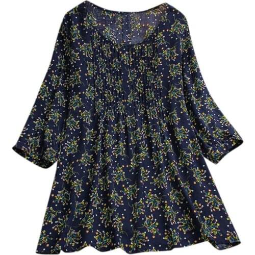 Round Neck Womens Casual Plus Size Loose Linen Sleeve Print Button Tanic Plus Size Blouse Harajuku Shirt Oversize Blusas Mujer
