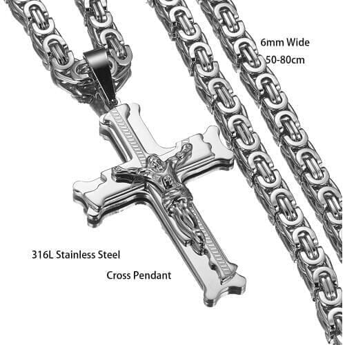 Silver Color Crucifix Jesus Cross Necklace Stainless Steel Christs Pendant 4mm link Chain Men Byzantine Necklaces Jewelry Gifts