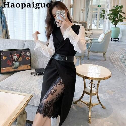 Chiffon Patchwork OL Work Office Black Dress for Ladies Long Sleeve Lace Wrap Dress Women Sashes Casual Autumn Dress Plus Size
