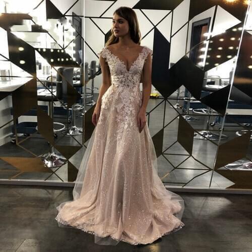 Vestido De Noiva Champagne Sparkle Wedding Dresses Sexy V Neck Lace Cap Sleeves Button Back Chic Bridal Gowns Robe de Mariage