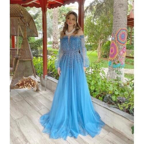 Light Blue Evening Dress A-Line Boat Neck Off Shoulder Full Sleeve Sequined Floor Length Court Train Elegant Party Prom Gown New