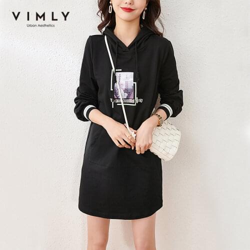 Vimly Spring Hoodies Women Dress 2021 Fashion New Print Hooded Loose Pocket Aline Pullover Dresses Female Sweatshirt Tops F6653