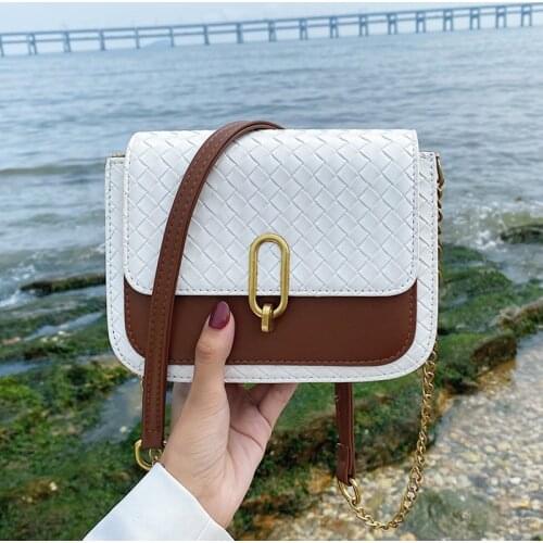 Vintage Women Weave Flap Shoulder Bags Luxury Branded Handbag Contrast Pu Leather Messenger Bag Female Small Chain Crossbody Bag