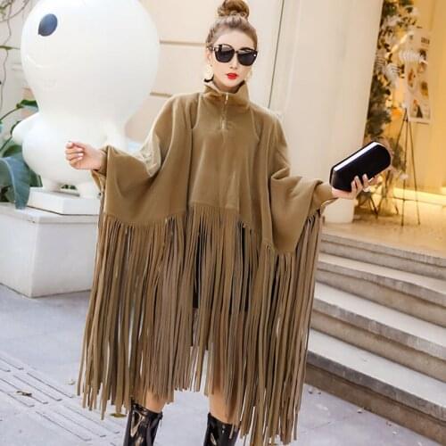 Wenfly Women New Jacket Loose Tassels Turtleneck Batwing Sleeve Cape Coat England Vintage Plus Size Outerwear Streetwear