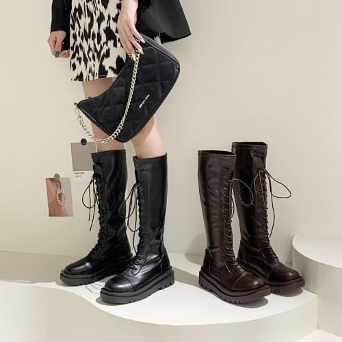 Retro British Style Long Tube Martin Boots Women Shoes Autumn 2021 New Wild Lace Round Toe Boots Ladies