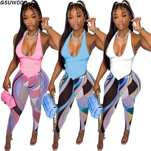 Gsuwoo Women Summer Sets Halter Neck Deep V Backless Tops Leggings Two-piece Suit Sleeveless Print Pants Fashion Outfits Clothes
