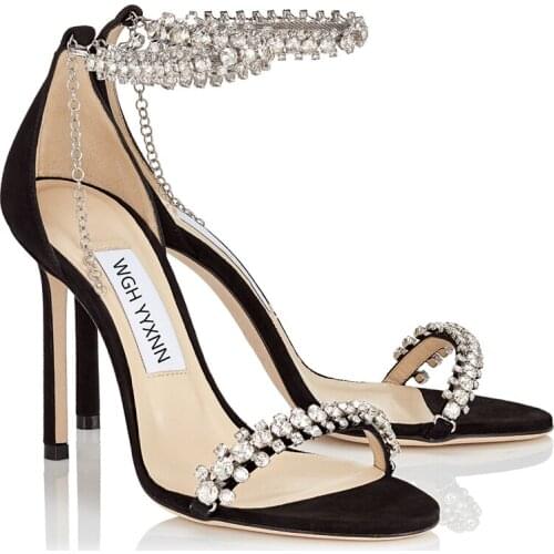 Womens Genuine Leather Rhinestones Crystal Stilettos High Heel Metal Chain Pumps Shoes Black Party Sexy New 2021
