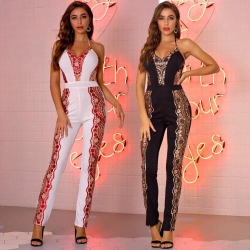 Sexy Sequin Elegant Sleeveless Long Pants Jumpsuit Women Black White Summer 2020 Night Club Outfits Party Bodysuit Jumpsuits