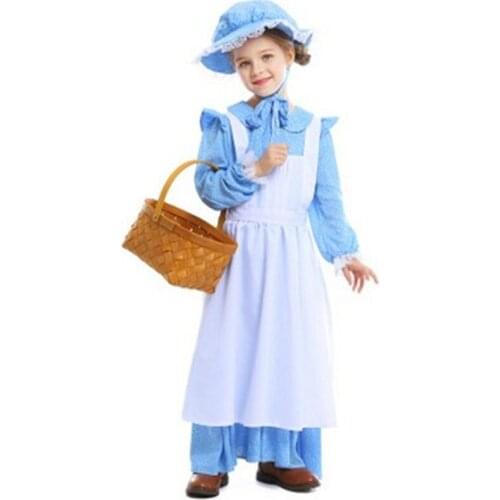 XS-XL Blue Medieval Girls Halloween Maid Costumes kids Peasant Farmer woman Cosplays Carnival Purim party Stage play party dress