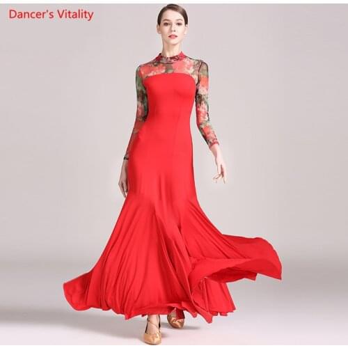 2021 New Ballroom Dance Dress Gauze Print Long Sleeves Dresses For Women Waltz Tango Dance Performance Competition Costumes