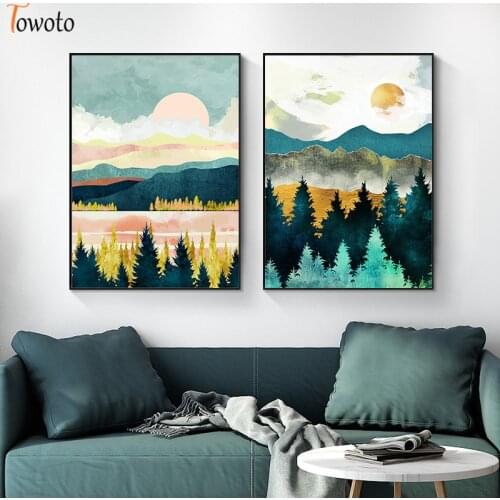 Abstract Landscape Canvas Painting Home Poster Print Watercolor Forest Sunset Wall Art for Living Room Decoration Picture Decor