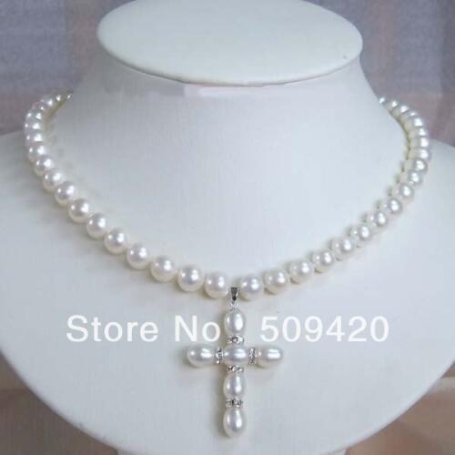 Free Shipping>>>JEWELRY 7-8MM PEARL AND PEARL CROSS PENDANT NECKLACE