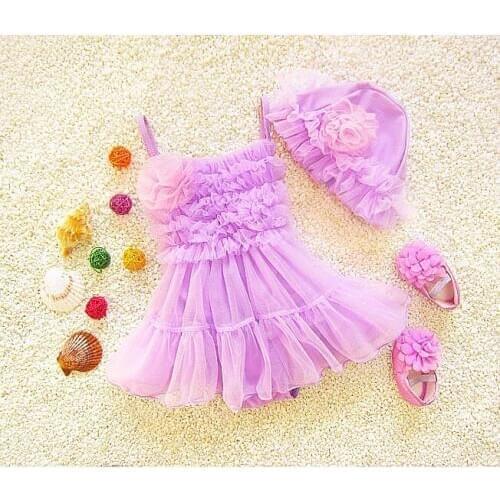 Princess Style Flower Kids Girls One Piece Swimming Suit Swimwear Wedding Dress + Hat Summer Dress Beach Wear Swimsuit SA4017