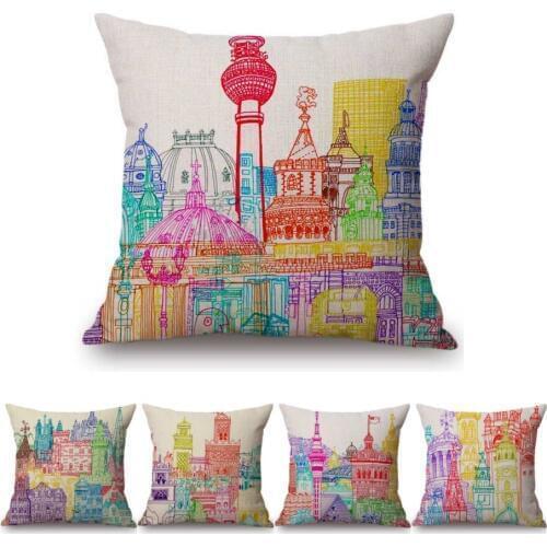 Nordic Color Sketch Hand Drawing Art Decorative Sofa Throw Pillow Cover For Home Cotton Linen London Berlin City Cushion Cover