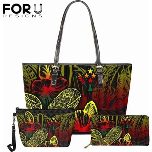 FORUDESIGNS Polynesian Kosrae Turtle Hibiscus Pattern 3Pcs Luxury Design Tote Bags Women Handbag Casual Shoulder Bags Sac A Main