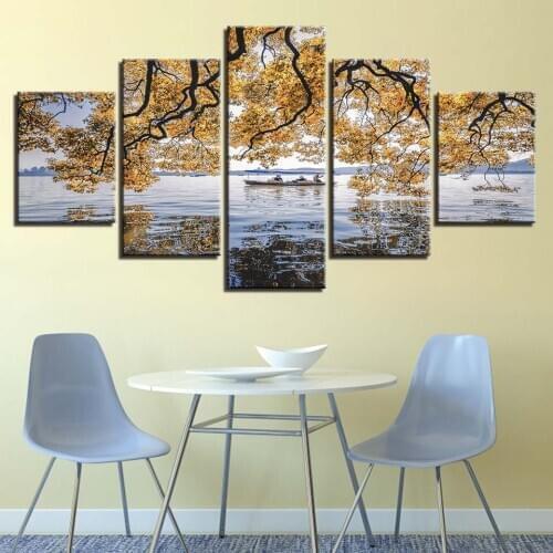HD Prints Decor Room Modern Canvas 5 Pieces Tree And Ship On The Sea Painting Wall Art Modular Seascape Picture Poster Framework