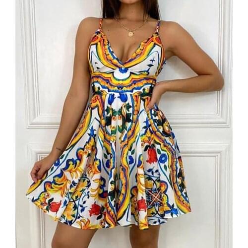 Hirigin 2021 Women Boho Bodycon Printed Dresses Sleeveless Dresses Ladies Elegant Summer Vintage Sundress V-neck Mini Dress
