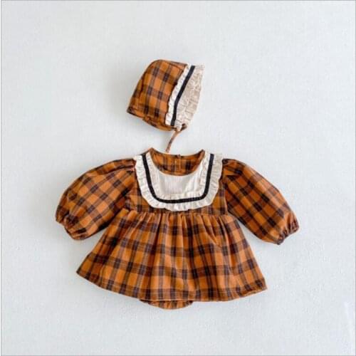 Newborn Infant Baby Boys Girls Grid Rompers + Hat Clothing Autumn Baby Girls Long Sleeve Rompers Clothes Outfit