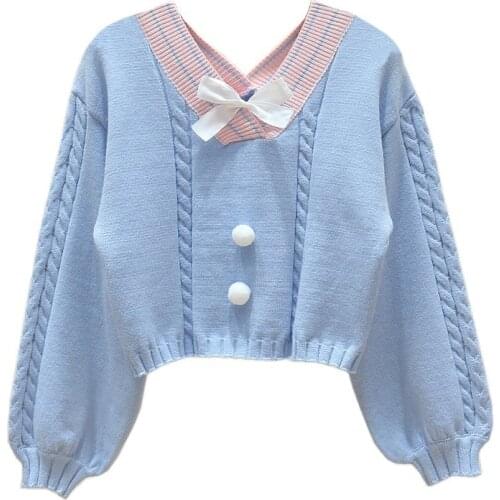 Korean Fashion Knitted Sweater White Women Cute V Neck Bowknt Sweet Pullover Femme Long Sleeve Knitwear Crop Top Pink Jumper New
