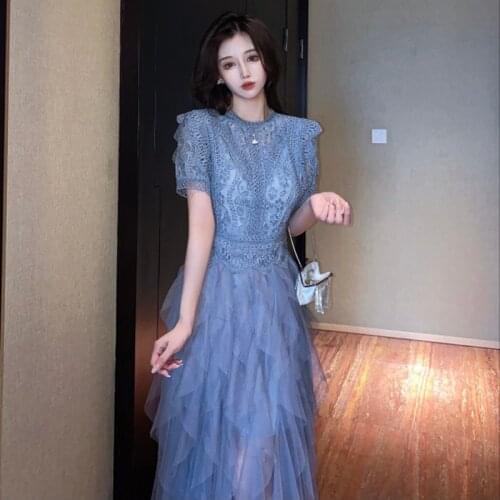 Lace Mesh Long Dress Women O-Neck Short Sleeve Party Dress High Waist Hollo Out Summer Dress Plus Size Korean Runway French B971